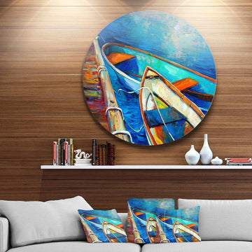 Boats and Pier in Blue Shade - Sea & Shore Metal Circle Wall Art